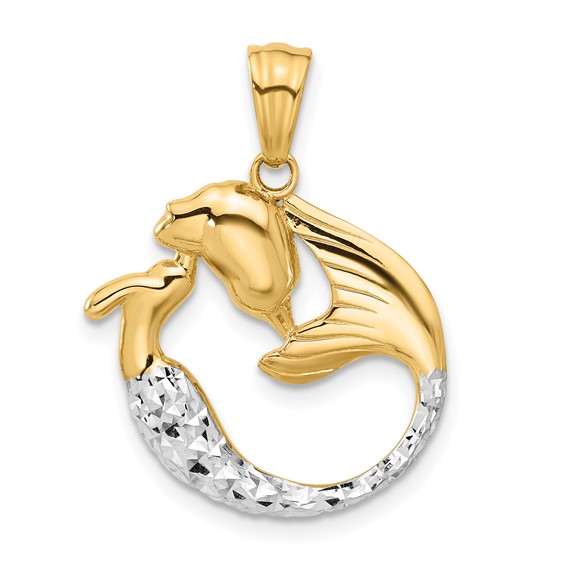 14k Yellow Gold and Rhodium Diamond Cut Mermaid Pendant 3/4in