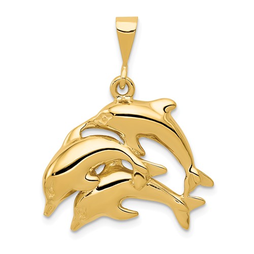 14k Yellow Gold Three Jumping Dolphins Pendant 3/4in