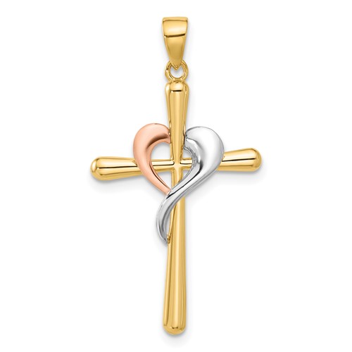 14k Two-tone Gold And White Rhodium Cross Pendant With Heart 1in