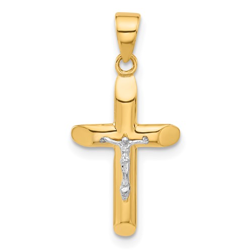 14K Two-tone Gold Modest Crucifix Pendant With Polished Finish 3/4in