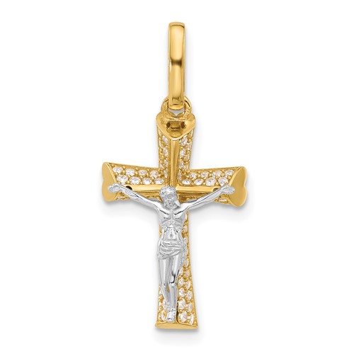 14k Two-tone Gold CZ Crucifix Pendant With Heart Ends 3/4in