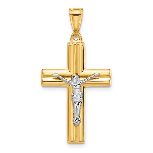 14k Two-tone Gold Grooved Crucifix Pendant With Polished Finish 1in