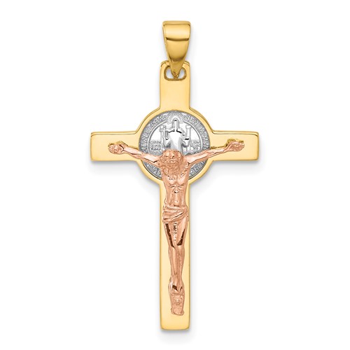 14k Tri-color Gold Crucifix and St Benedict Pendant 1in