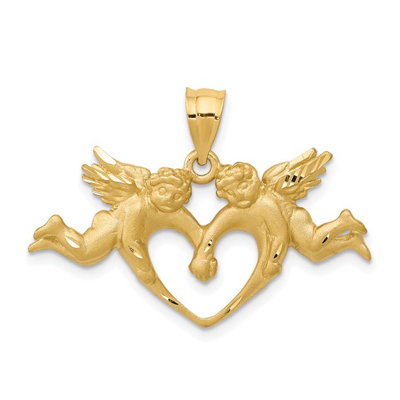 14k Yellow Gold Angels Heart Pendant Satin Finish 5/8in
