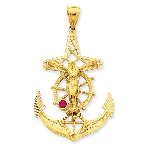14kt 1 3/4in Mariners Cross with Red CZ Pendant C815 | Joy Jewelers