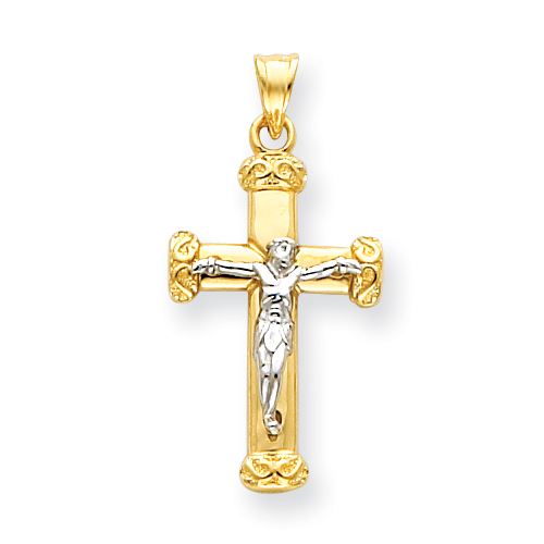 14k Two-tone Gold 1in Crucifix Pendant with Scroll Tips