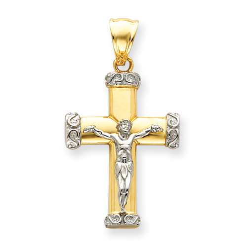 14k Two-tone Gold Crucifix Pendant with Scroll Tips 1 3/8in