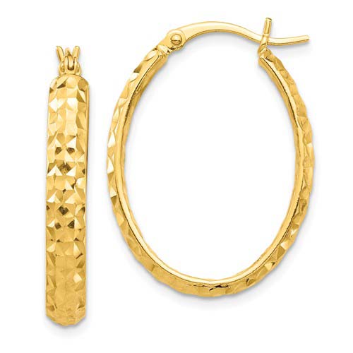 10k Yellow Gold Diamond-cut Oval Hoop Earrings 1in