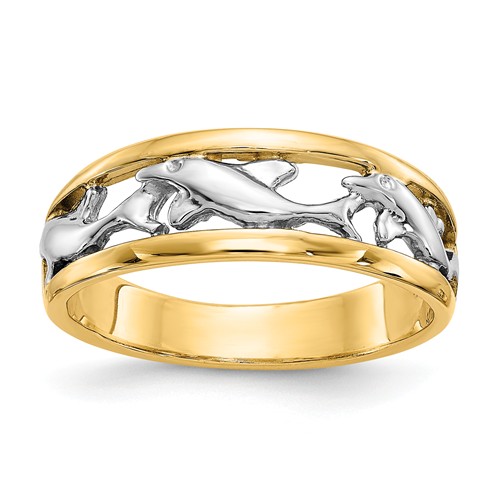 14k Yellow Gold and Rhodium Dolphin Ring