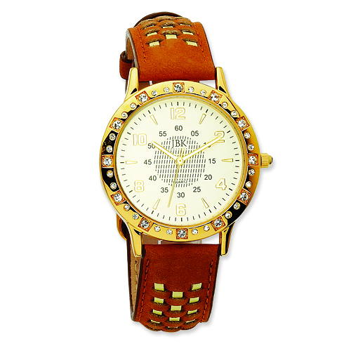 Jacqueline Kennedy Crystal Bezel Silver Dial Leather Watch
