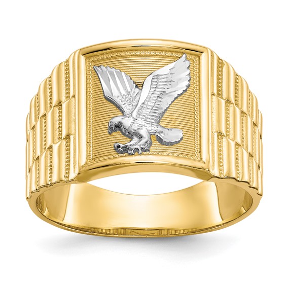 14k Yellow Gold Men's Eagle Ring with Paneled Sides and Rhodium Accent