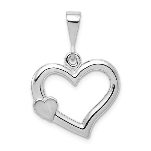 14k White Gold Open Heart Pendant with Small Satin Heart 3/4in