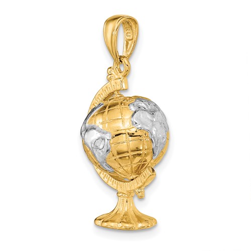 14k Yellow Gold 3-D Moveable Globe Pendant with Rhodium 7/8in
