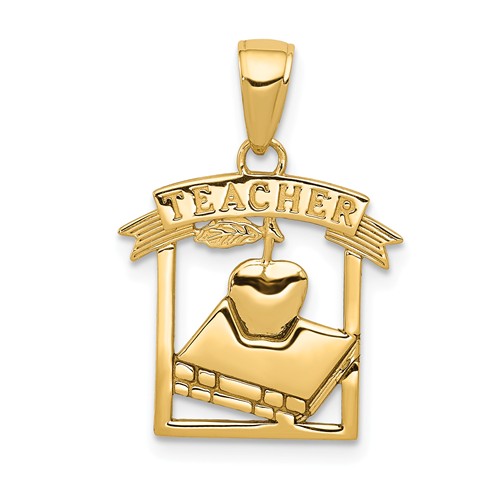 14k Yellow Gold Teacher Pendant with Apple Book and Frame 3/4in
