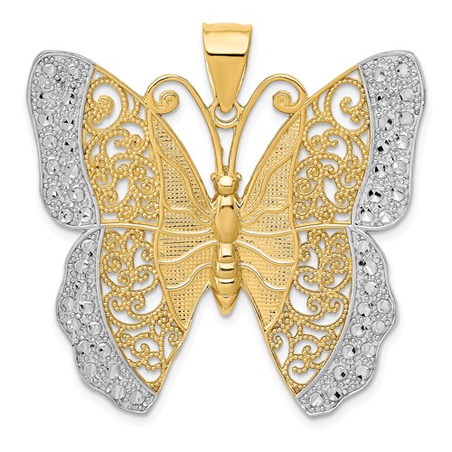 14k Yellow Gold Rhodium Diamond-Cut Filigree Butterfly Pendant 1 1/2in