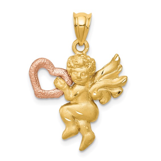 14k Two-tone Gold 3/4in Satin Angel Charm with Heart