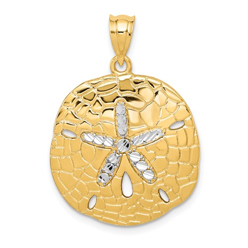 14k Yellow Gold Rhodium Diamond-Cut Sand Dollar Pendant 3/4in