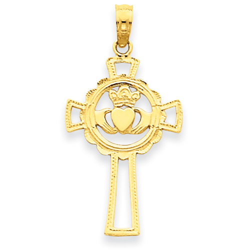14k Yellow Gold 7/8in Claddagh Cross with Open Design