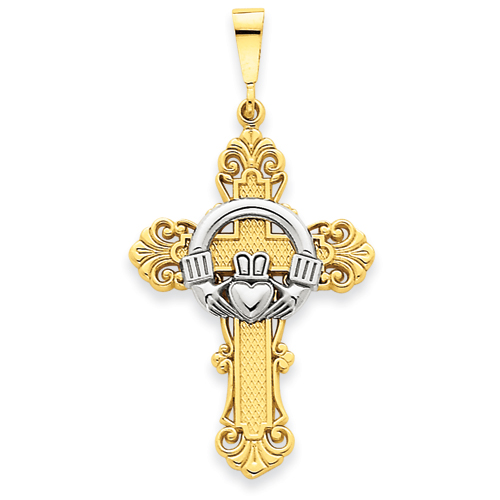 14k Two-Tone Gold 1 3/8in Budded Claddagh Cross