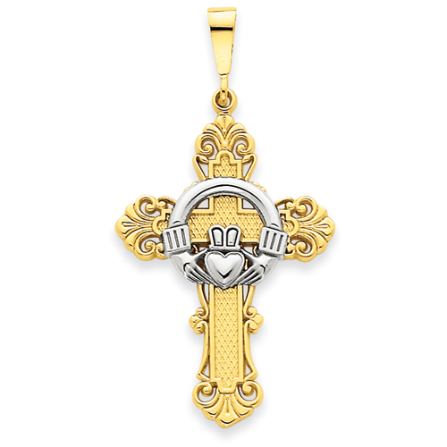14k Two-Tone Gold 1 3/8in Budded Claddagh Cross Pendant