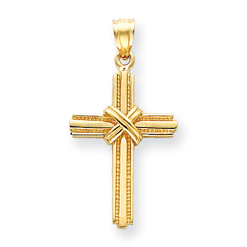 14k Yellow Gold 1in Beaded Cross Pendant with Wrapped Center
