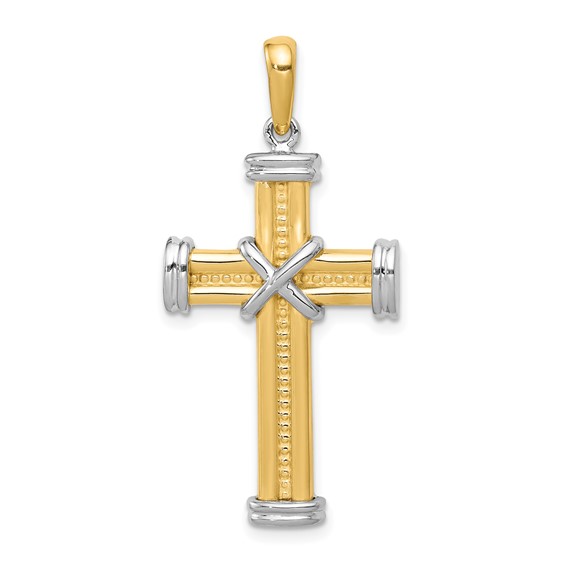 14k Two-tone Gold 1 1/8in Fancy Textured Wrapped Cross Pendant