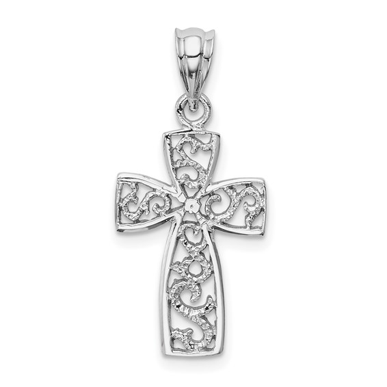 14kt White Gold 3/4in Tapered Filigree Cross Pendant