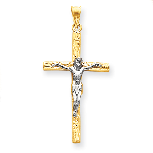 14k Two-tone Gold 1 3/4in Crucifix Pendant with Wood Texture