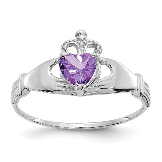 14kt White Gold Claddagh Ring with Purple CZ