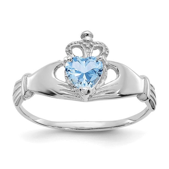 14kt White Gold Claddagh Ring with Aquamarine CZ