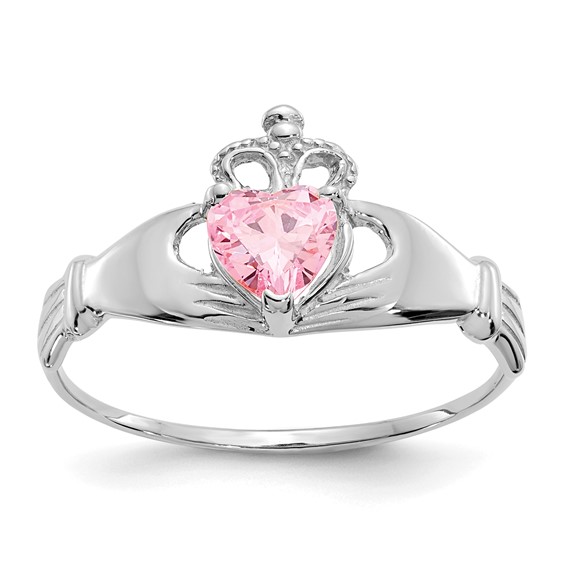 14kt White Gold Claddagh Ring with Pink CZ