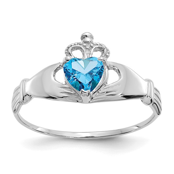 14kt White Gold Claddagh Ring with Blue Topaz CZ