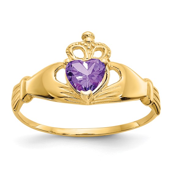 14kt Yellow Gold Claddagh Ring with Purple CZ