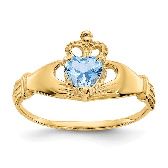 14kt Yellow Gold Claddagh Ring with Aquamarine CZ