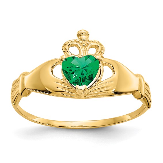 14kt Yellow Gold Claddagh Ring with Emerald CZ