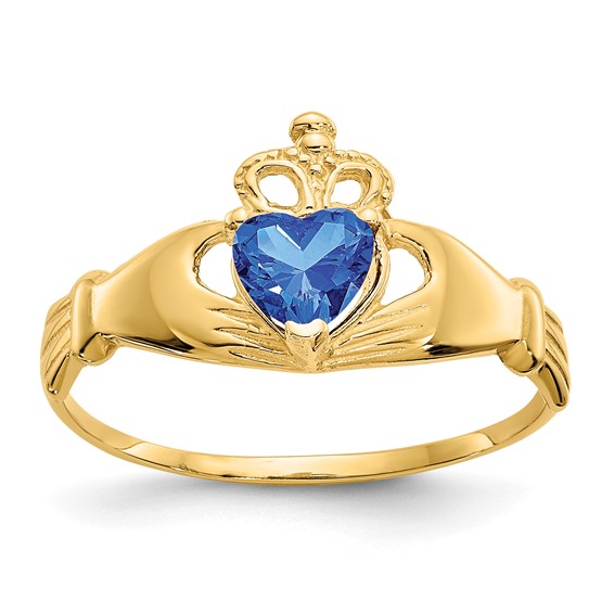 14kt Yellow Gold Claddagh Ring with Sapphire CZ