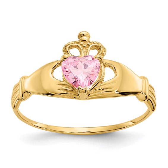 14kt Yellow Gold Claddagh Ring with Pink CZ