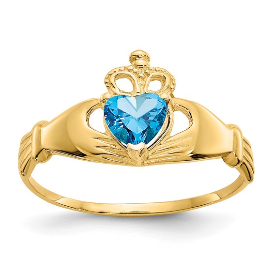 14kt Yellow Gold Claddagh Ring with Blue Topaz CZ