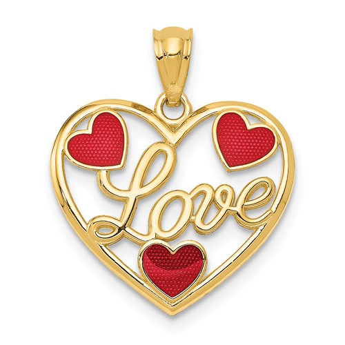 14k Yellow Gold Red Enameled Hearts Love Pendant 5/8in
