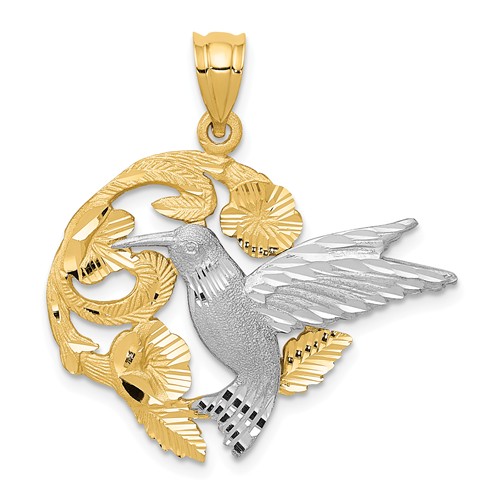 14k Two-Tone Gold Hummingbird and Flowers Pendant