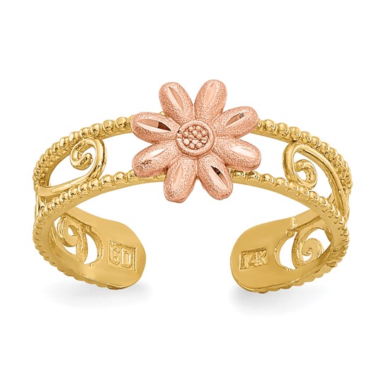 Flower Toe Ring with Filigree Design 14k Two-tone Gold