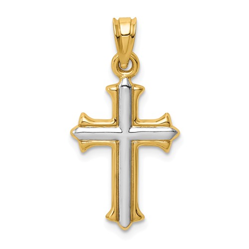 14k Two-tone Gold 11/16in Hollow Budded Cross Pendant