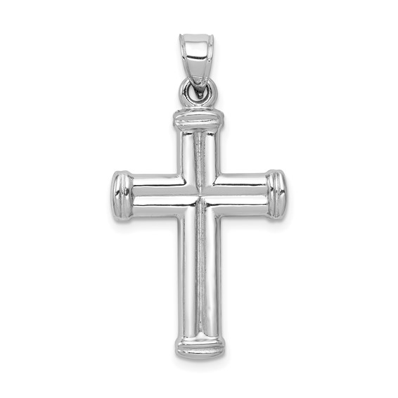 14k White Gold Hollow Cross Pendant with Grooved Center 1in