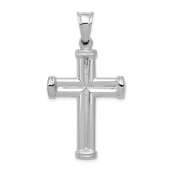 14k White Gold Hollow Beveled Block Cross Pendant 1 3/8in