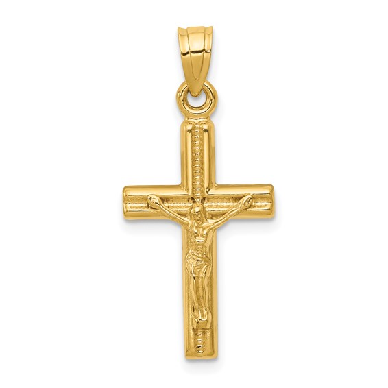 14k Yellow Gold Hollow Crucifix Pendant with Grooves 3/4in