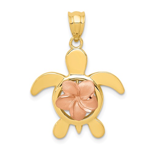 14k Two-tone Gold Turtle Pendant with Plumeria Flower Accent 3/4in