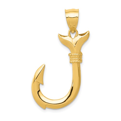 14k Yellow Gold Whale Tail Fish Hook Pendant 1in