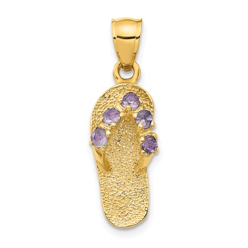 14k Yellow Gold Purple CZ Flip Flop Pendant