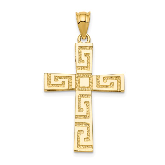14k Yellow Gold Tapered Greek Key Cross Pendant 1in