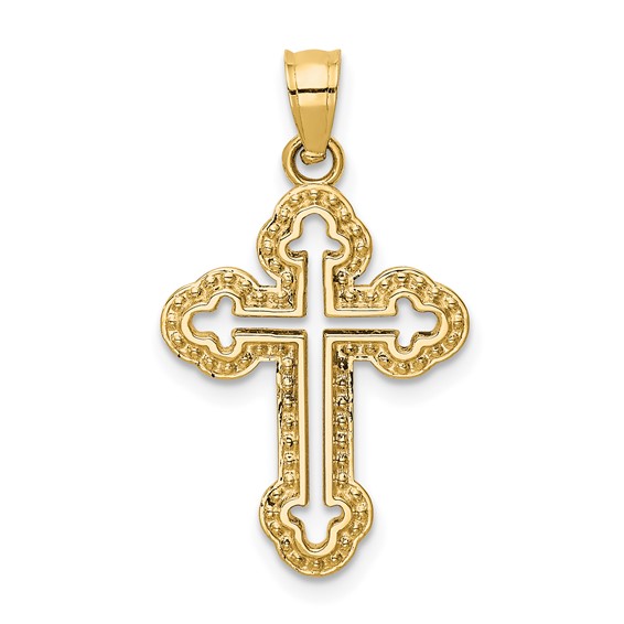 14k Yellow Gold Cut-out Budded Cross Pendant with Beaded Border 3/4in
